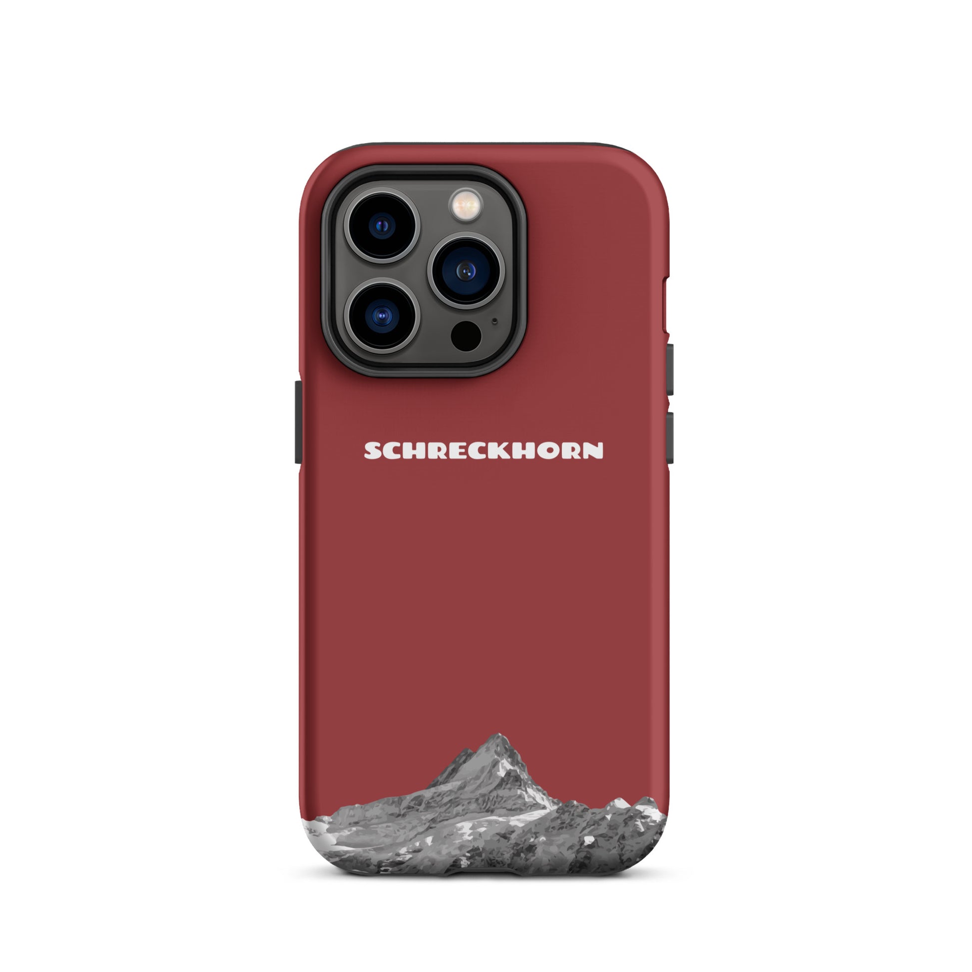 Rote iPhone 14 Pro Handyhülle mit Schreckhorn-Motiv aus robustem Kunststoff