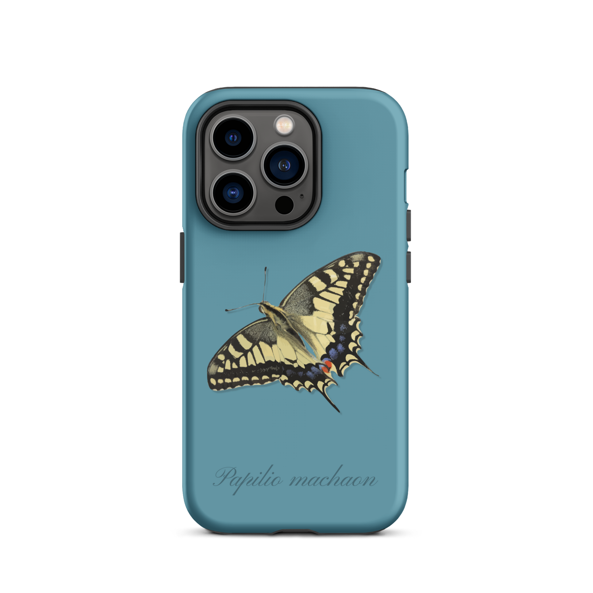 iPhone Hülle mit Schwalbenschwanzmuster in Gletscherwasserblau, transparent, mit präzisen Ausschnitten.