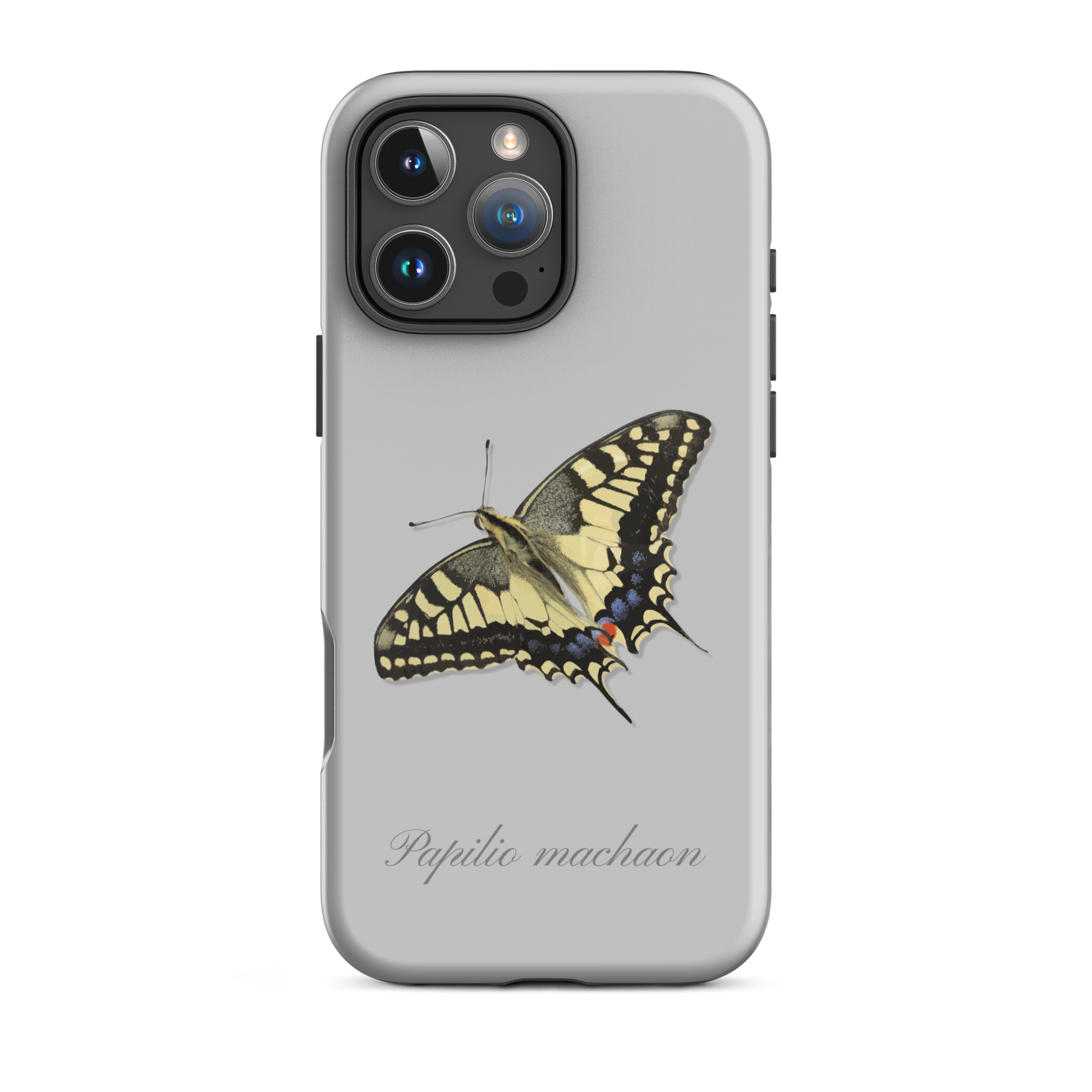 Graue iPhone-Hülle mit Schwalbenschwanz-Muster, seitliche Ansicht.