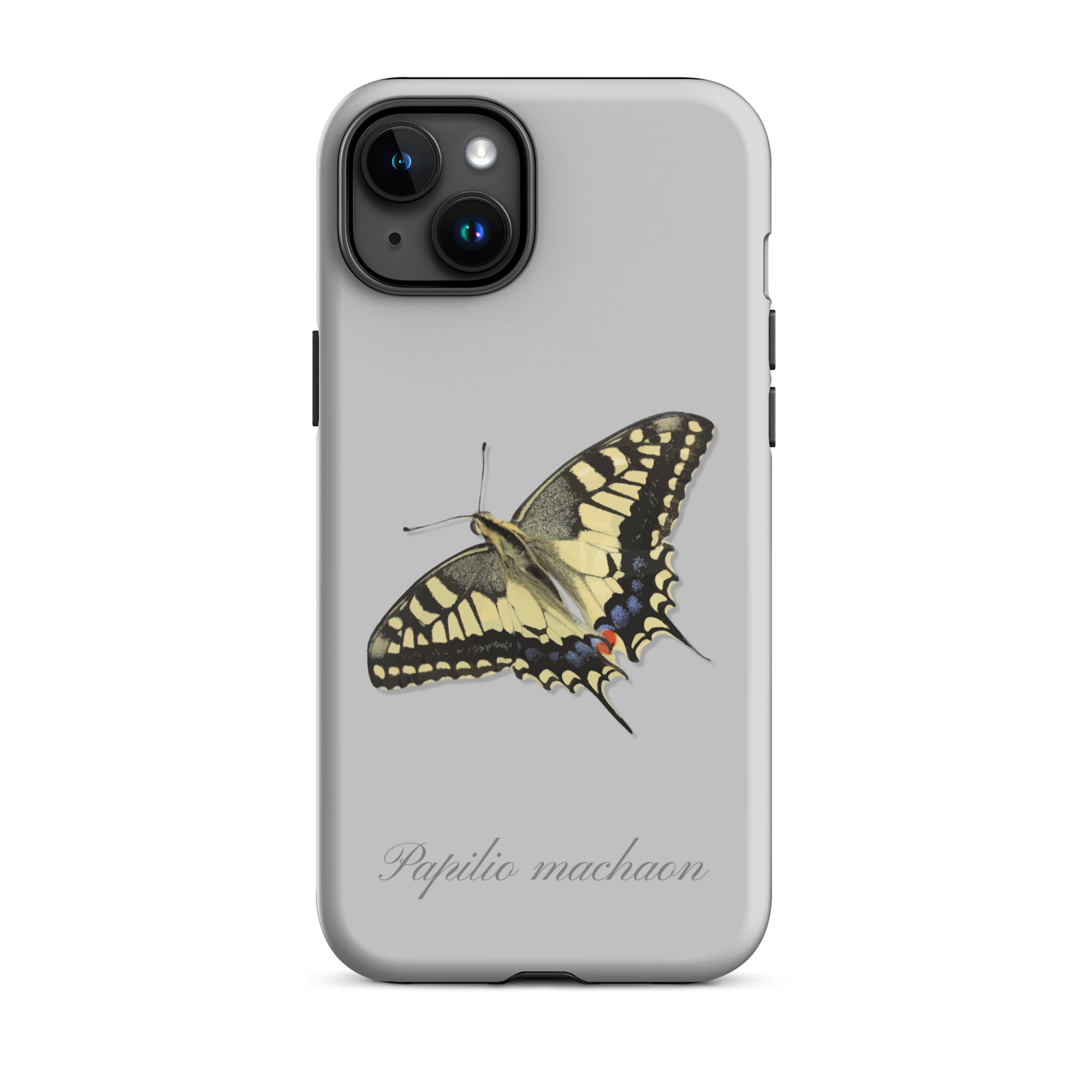 Graue iPhone Hülle mit Schwalbenschwanz-Muster aus Silikon, Seitenansicht.