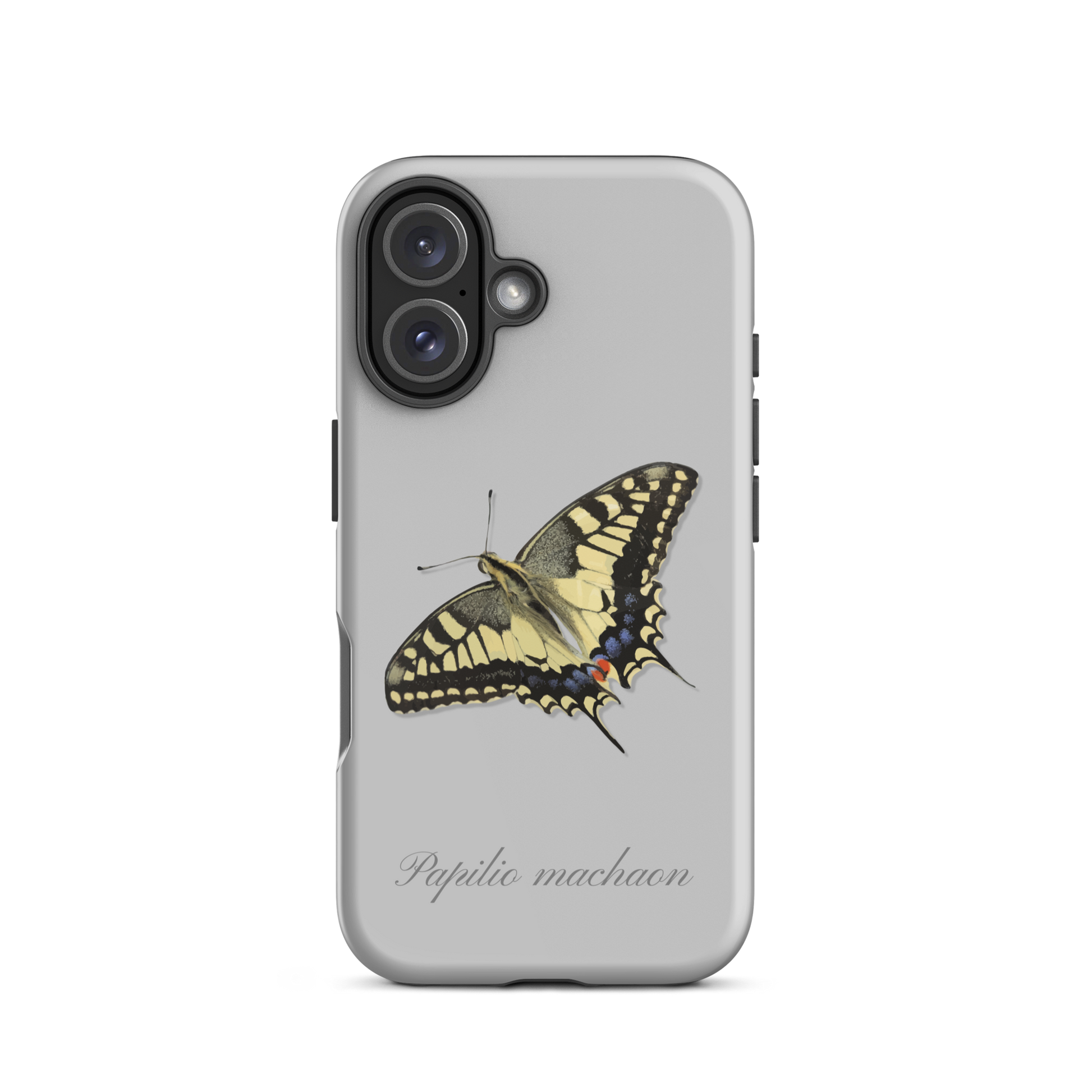 Graue iPhone-Hülle mit Schwalbenschwanz-Muster, seitliche Ansicht