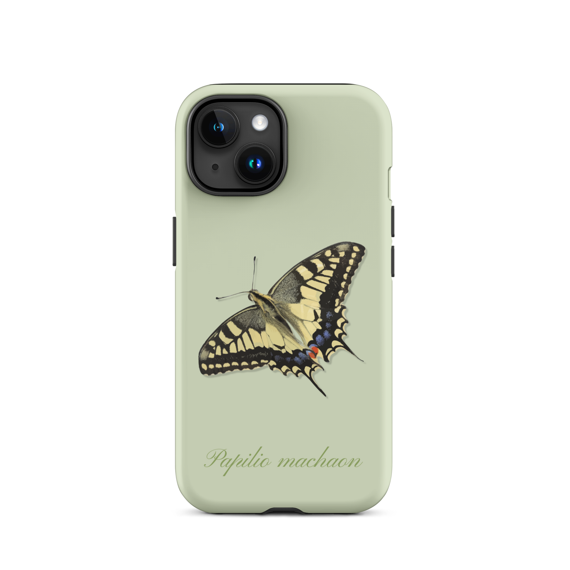 Hellgrüne iPhone-Hülle mit Schwalbenschwanz-Muster aus Silikon, Seitenansicht.