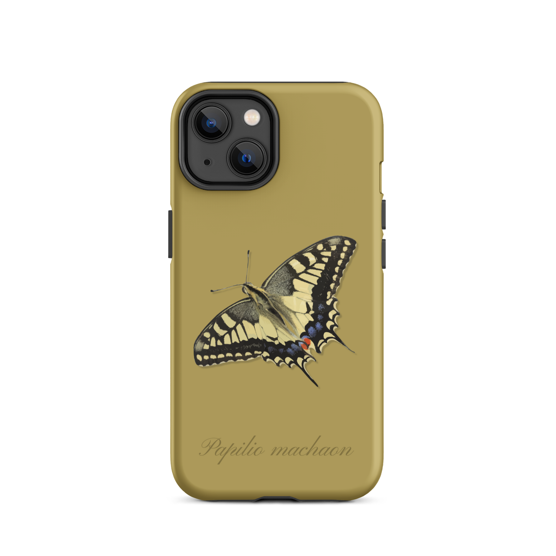 iPhone Hülle mit Schwalbenschwanz-Muster in Ockergelb, seitliche Ansicht.