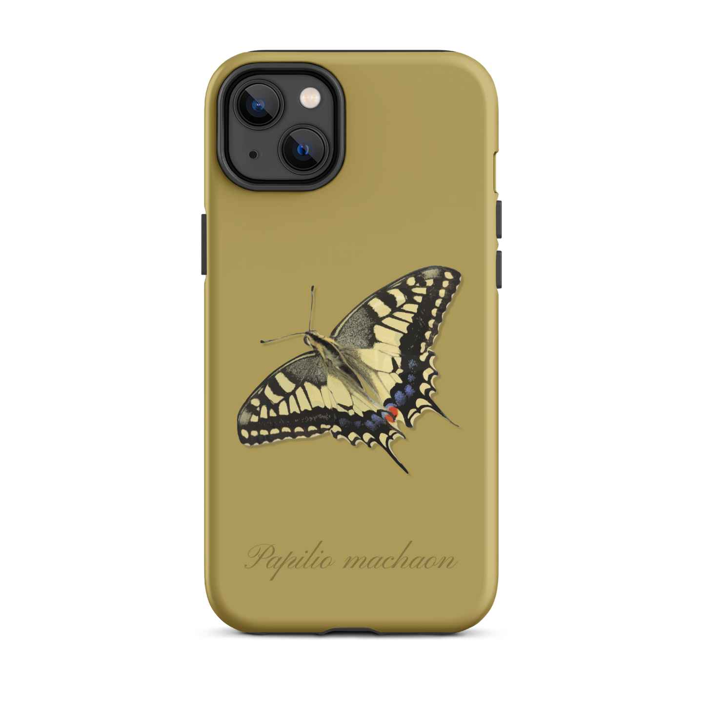 iPhone Case in Ockergelb mit Schwalbenschwanz-Muster, seitliche Ansicht