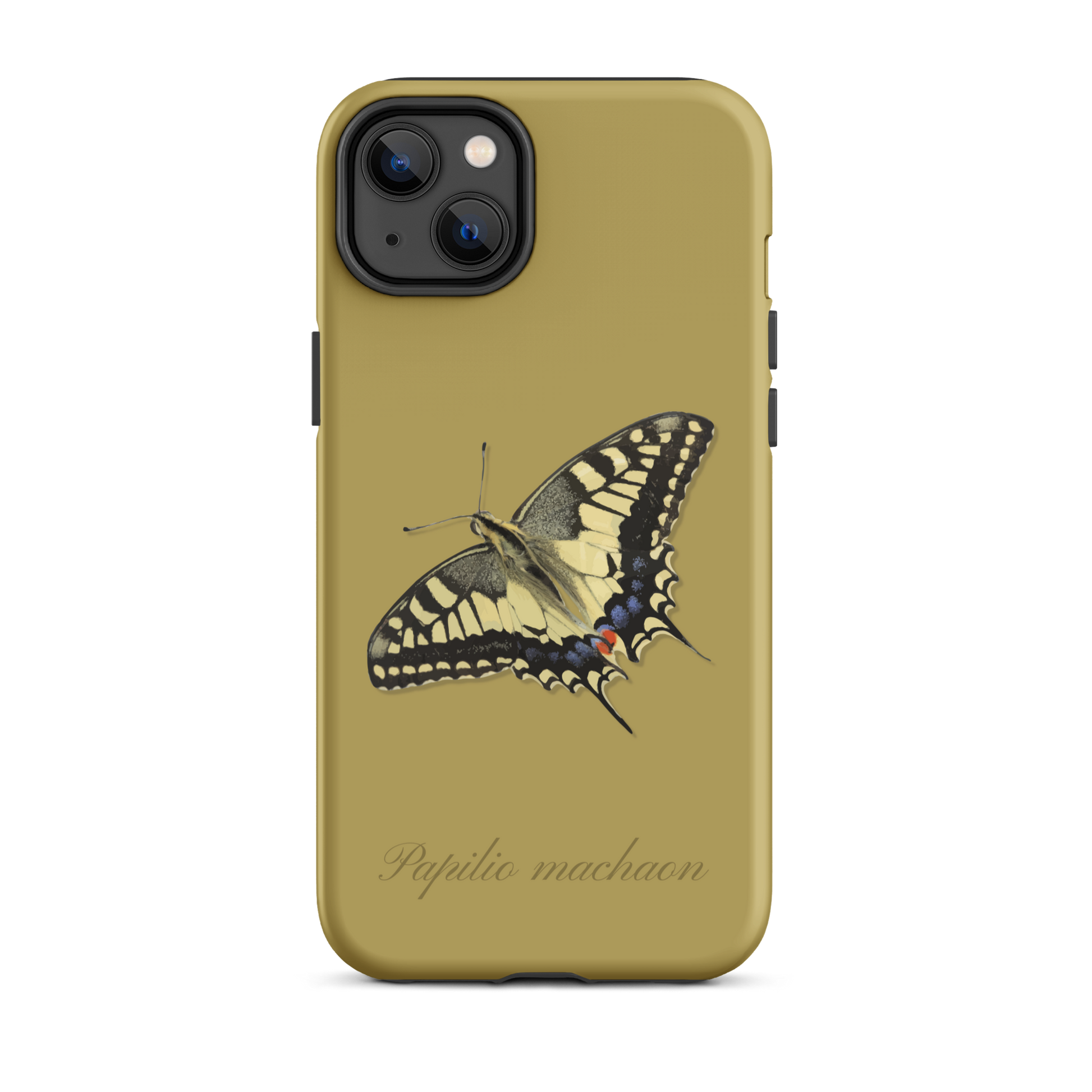 iPhone Case in Ockergelb mit Schwalbenschwanz-Muster, seitliche Ansicht