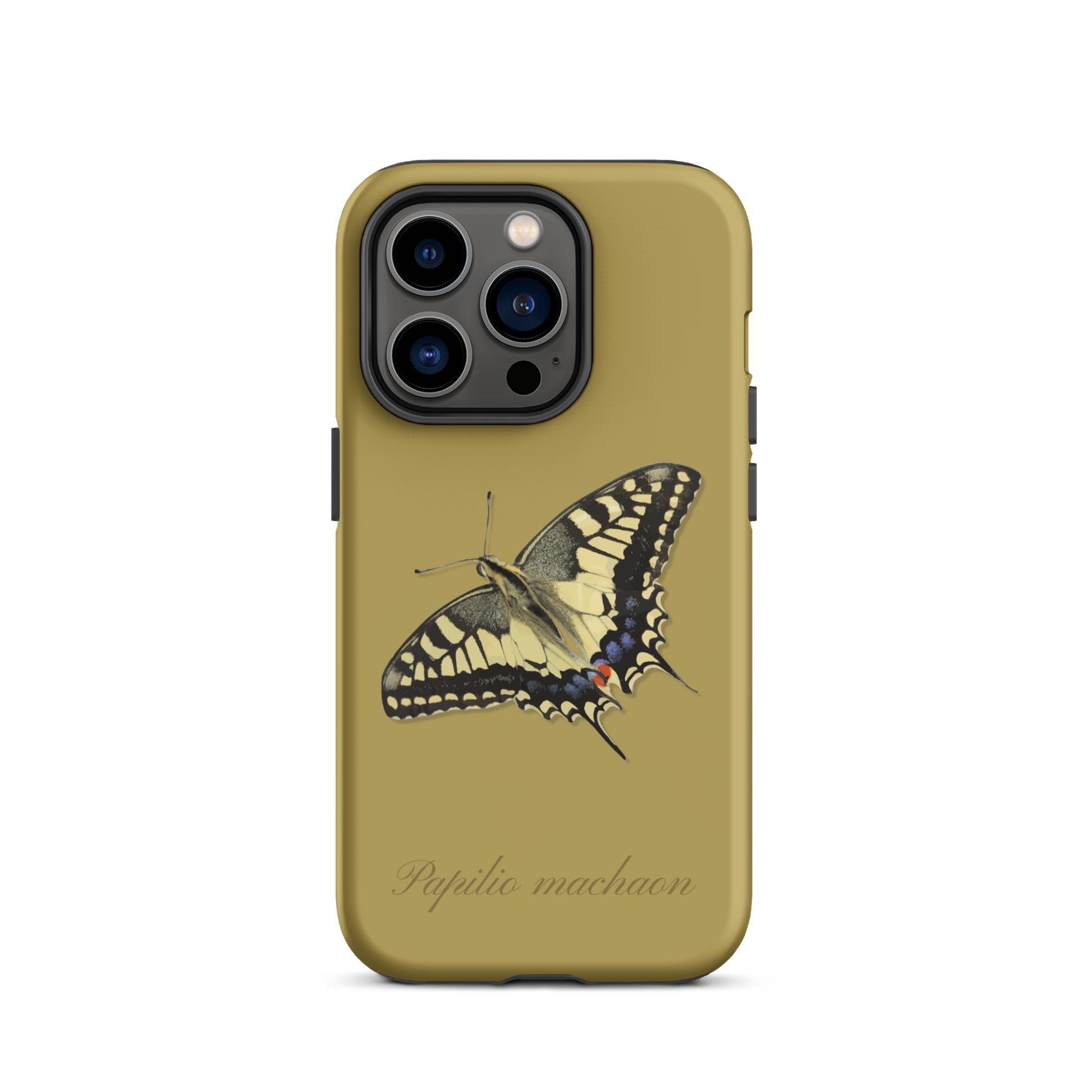 iPhone Case in Ockergelb mit Schwalbenschwanz-Muster, schützende Handyhülle aus robustem Material.