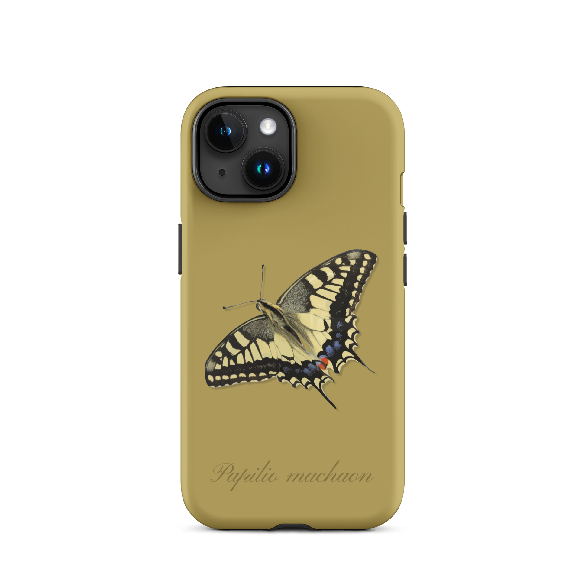 iPhone Case in Ockergelb mit Schwalbenschwanz Muster, Seitenansicht