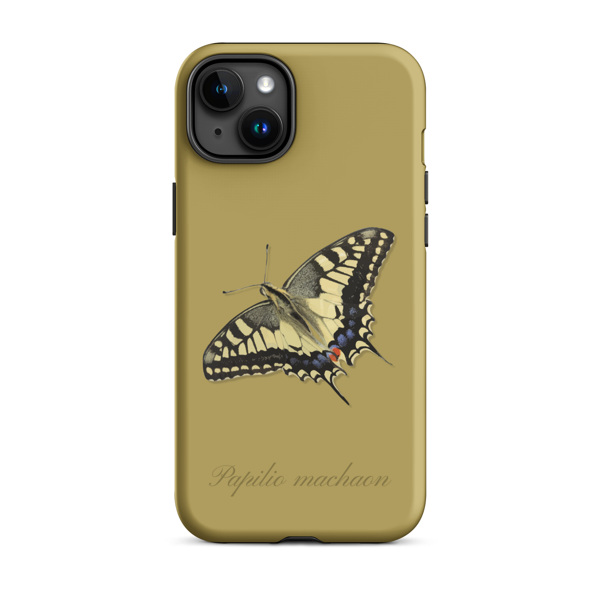 Ockergelbe iPhone-Hülle mit Schwalbenschwanz-Muster aus nachhaltigem Material.