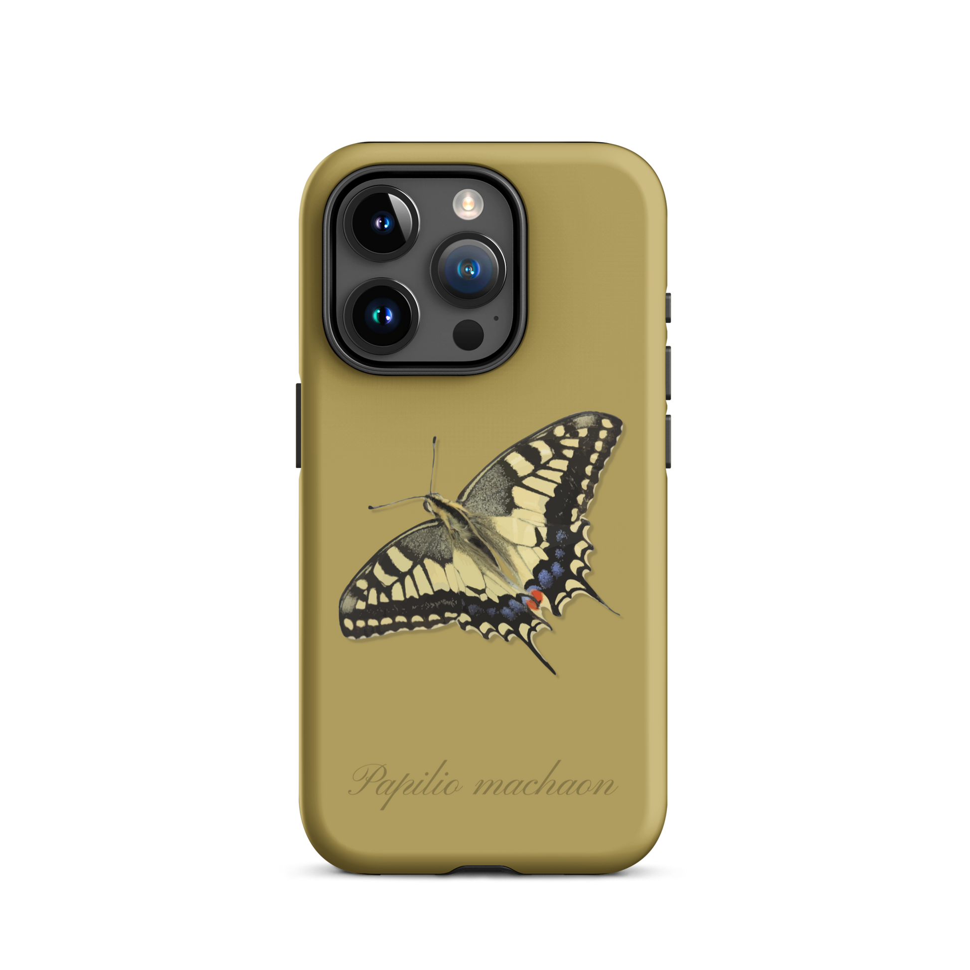 Ockergelbe iPhone Hülle mit Schwalbenschwanz-Muster, seitliche Ansicht.
