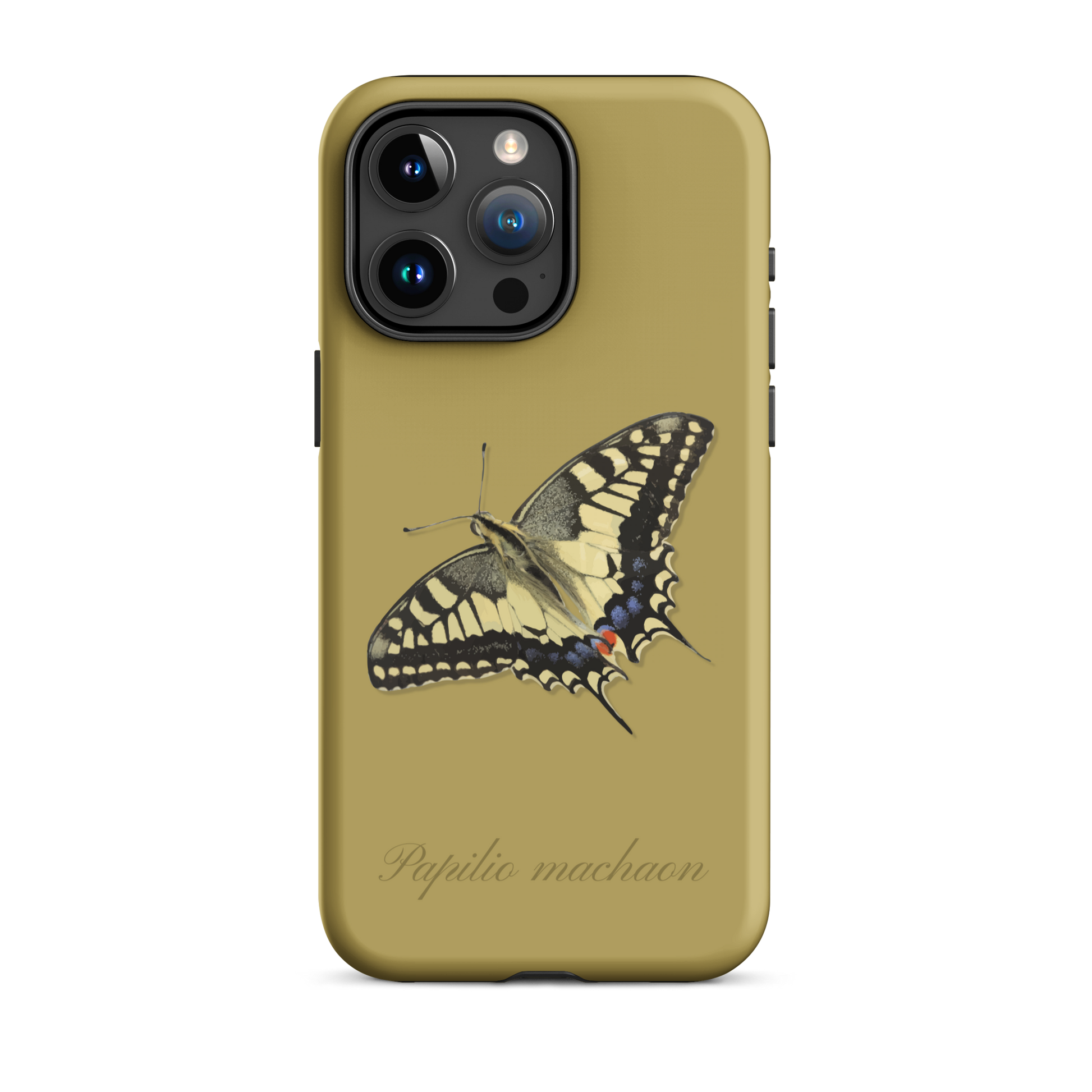 iPhone Case in Ockergelb mit Schwalbenschwanz-Muster, Seitenansicht
