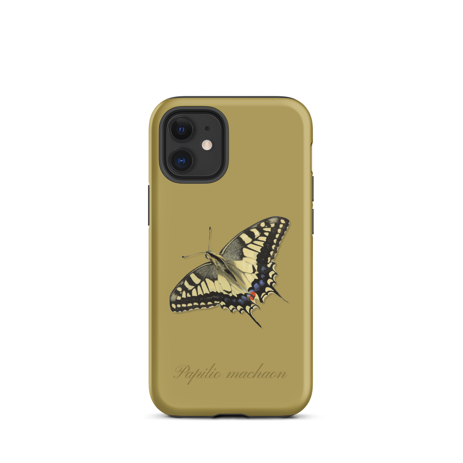 iPhone-Hülle mit Schwalbenschwanzmuster in Ockergelb, seitliche Ansicht