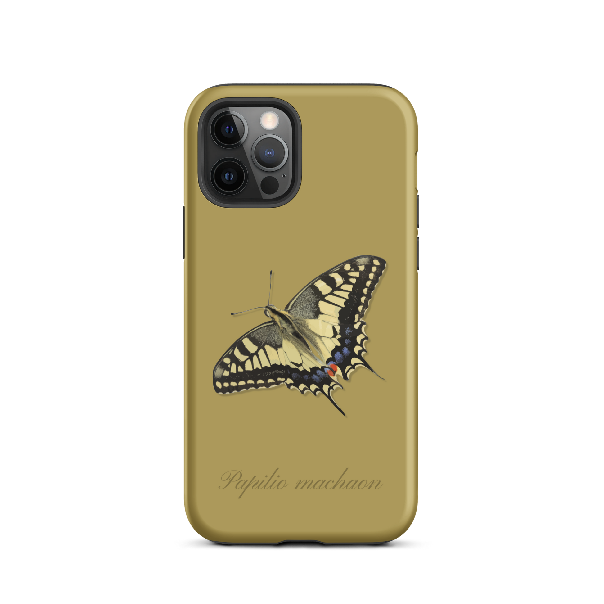 iPhone Hülle in Ockergelb mit Schwalbenschwanz-Muster, seitliche Ansicht.