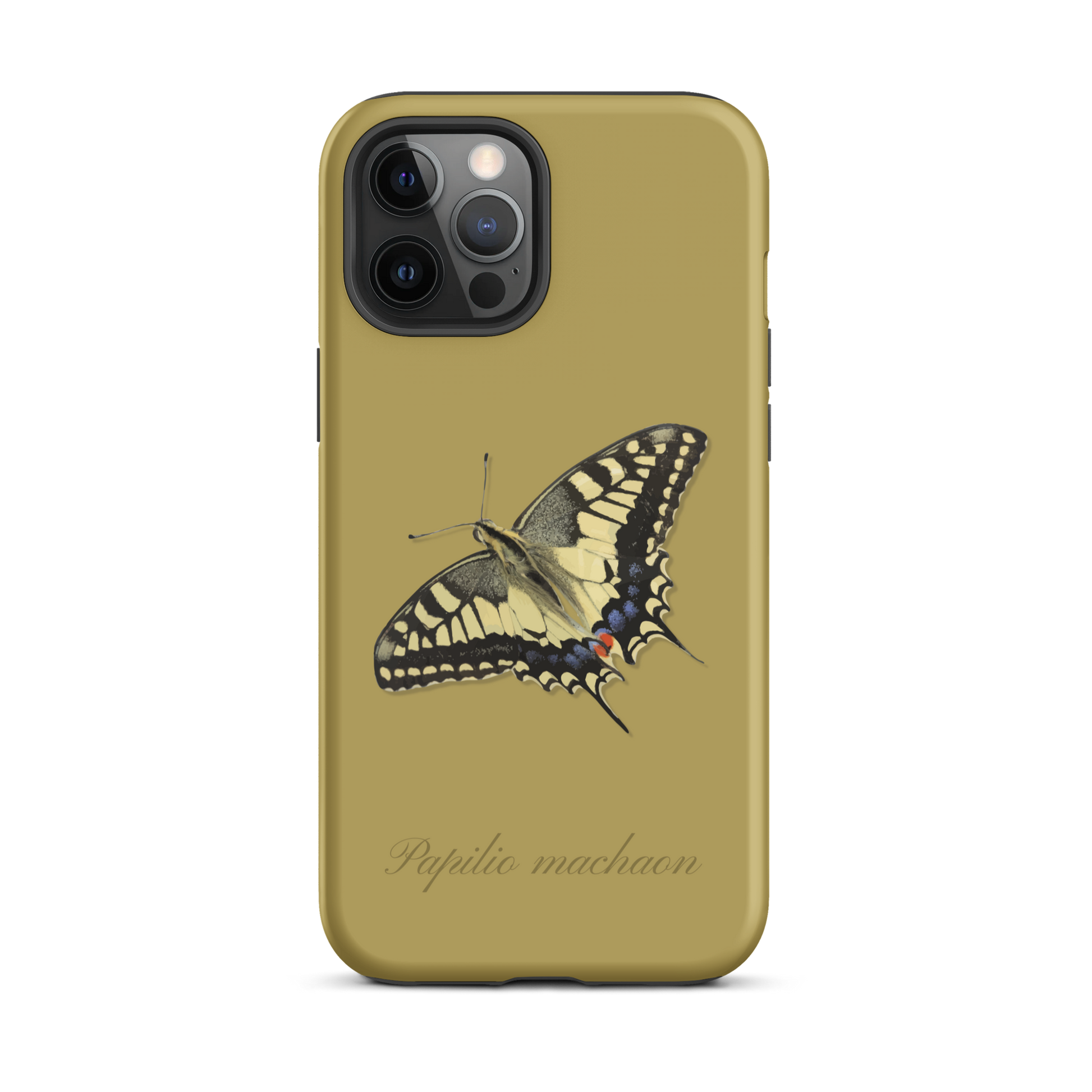 Ockergelbe iPhone-Hülle mit Schwalbenschwanz-Design aus hochwertigem Material.