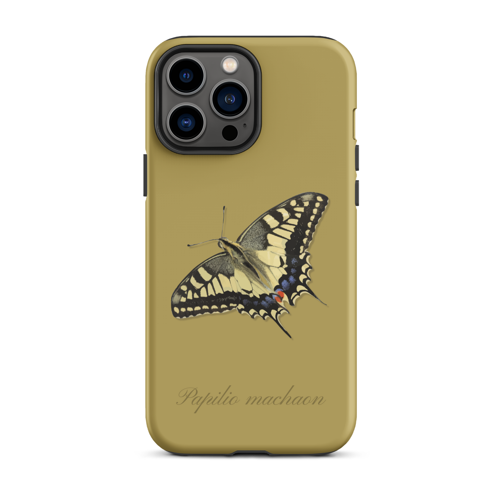iPhone Hülle in Ockergelb mit Schwalbenschwanz-Muster, seitliche Ansicht