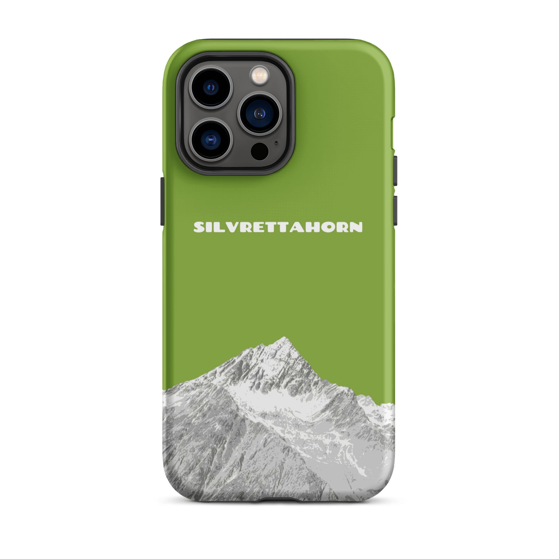 Hülle für das iPhone 14 Pro Max von Apple in der Farbe Gelbgrün, dass das Silvrettahorn auf der Grenze Graubündens zu Vorarlberg zeigt.