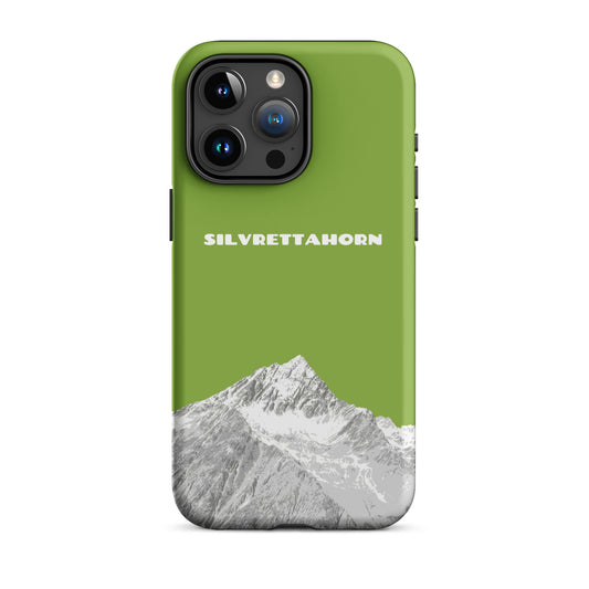 Hülle für das iPhone 15 Pro Max von Apple in der Farbe Gelbgrün, dass das Silvrettahorn auf der Grenze Graubündens zu Vorarlberg zeigt.