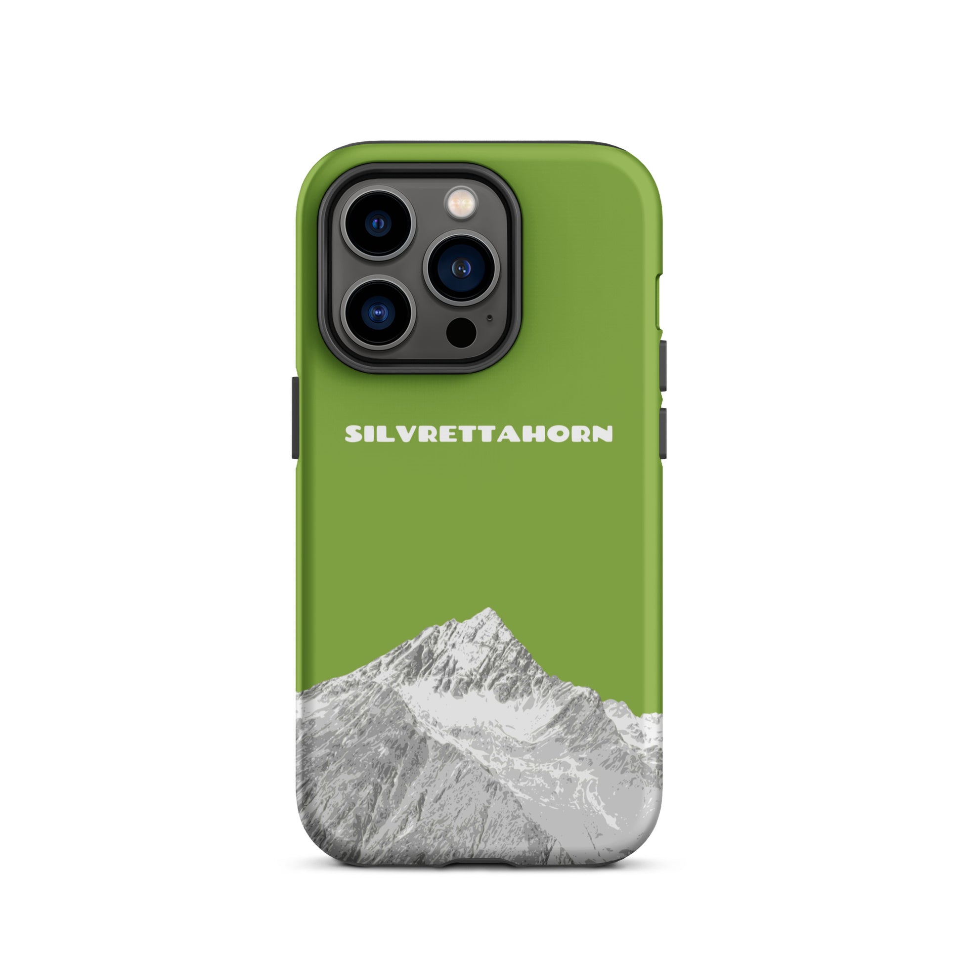 Hülle für das iPhone 14 Pro von Apple in der Farbe Gelbgrün, dass das Silvrettahorn auf der Grenze Graubündens zu Vorarlberg zeigt.