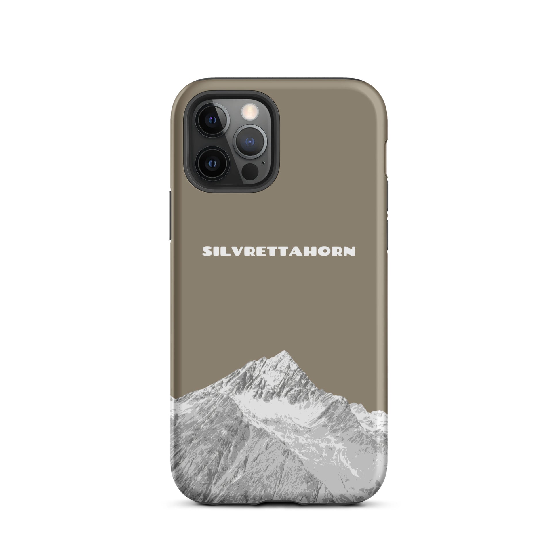 Hülle für das iPhone 12 Pro von Apple in der Farbe Graubraun, dass das Silvrettahorn auf der Grenze Graubündens zu Vorarlberg zeigt.