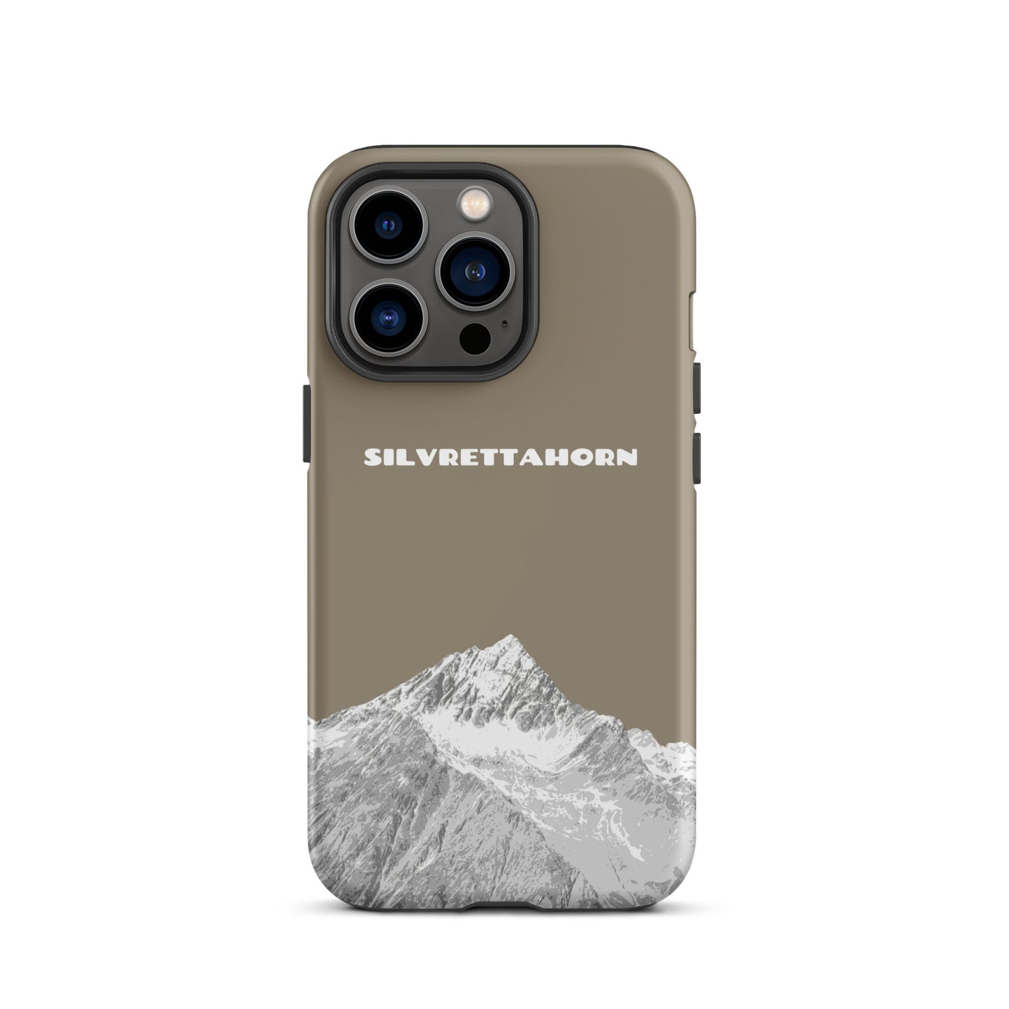 Hülle für das iPhone 13 Pro von Apple in der Farbe Graubraun, dass das Silvrettahorn auf der Grenze Graubündens zu Vorarlberg zeigt.