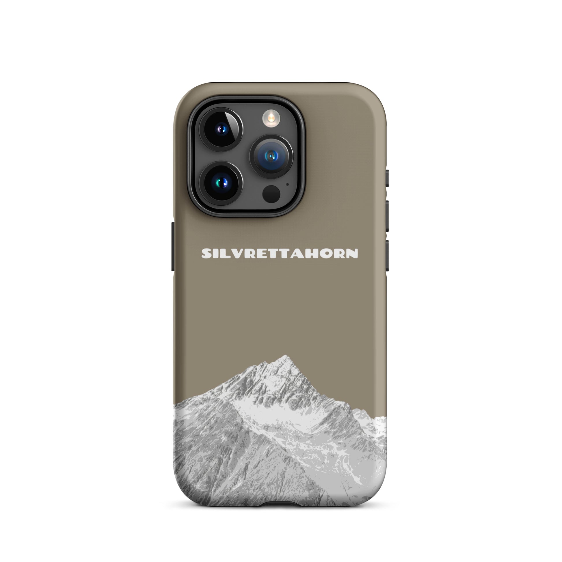 Hülle für das iPhone 15 Pro von Apple in der Farbe Graubraun, dass das Silvrettahorn auf der Grenze Graubündens zu Vorarlberg zeigt.