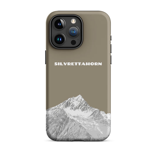 Hülle für das iPhone 15 Pro Max von Apple in der Farbe Graubraun, dass das Silvrettahorn auf der Grenze Graubündens zu Vorarlberg zeigt.