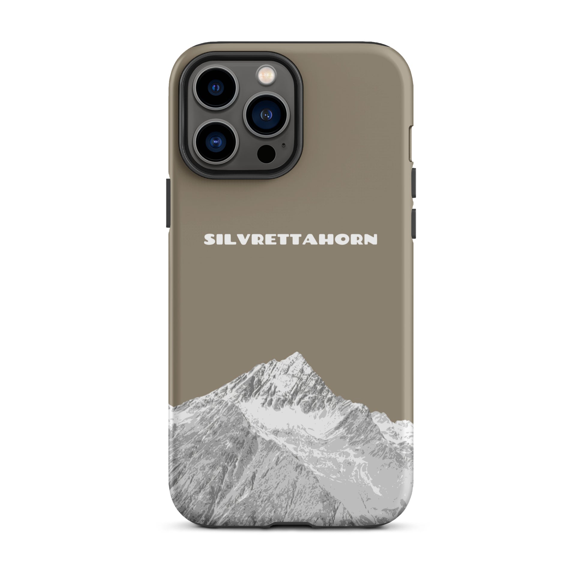 Hülle für das iPhone 13 Pro Max von Apple in der Farbe Graubraun, dass das Silvrettahorn auf der Grenze Graubündens zu Vorarlberg zeigt.