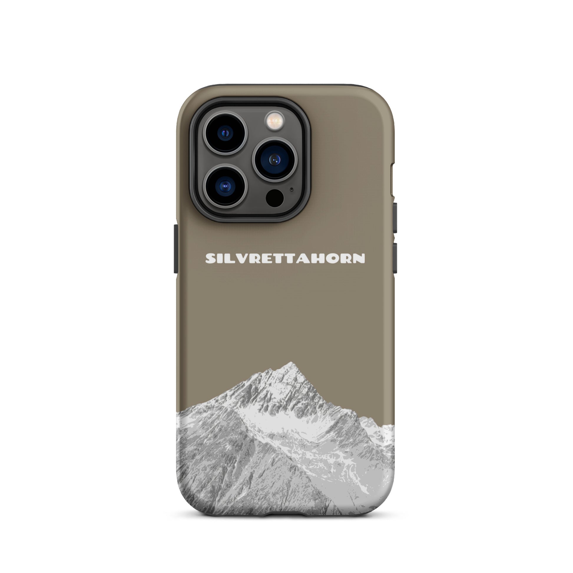 Hülle für das iPhone 14 Pro von Apple in der Farbe Graubraun, dass das Silvrettahorn auf der Grenze Graubündens zu Vorarlberg zeigt.