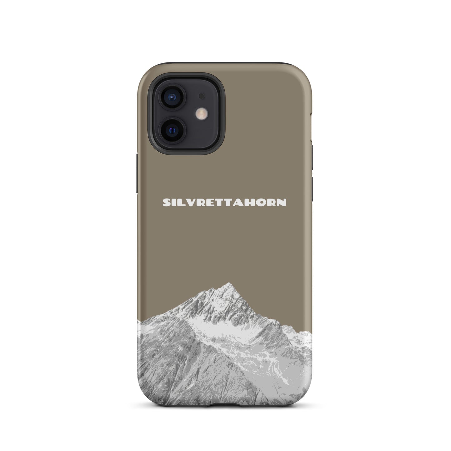 Hülle für das iPhone 12 von Apple in der Farbe Graubraun, dass das Silvrettahorn auf der Grenze Graubündens zu Vorarlberg zeigt.