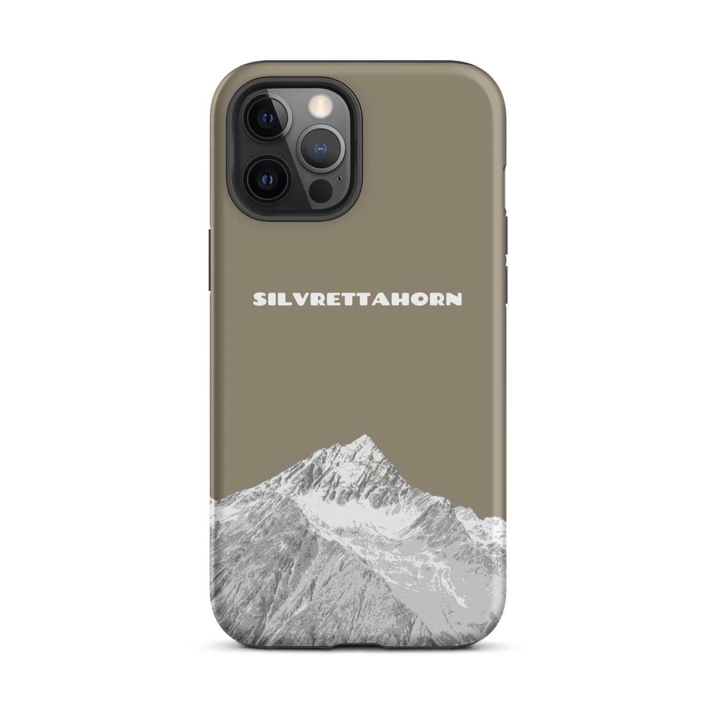 Hülle für das iPhone 12 Pro Max von Apple in der Farbe Graubraun, dass das Silvrettahorn auf der Grenze Graubündens zu Vorarlberg zeigt.