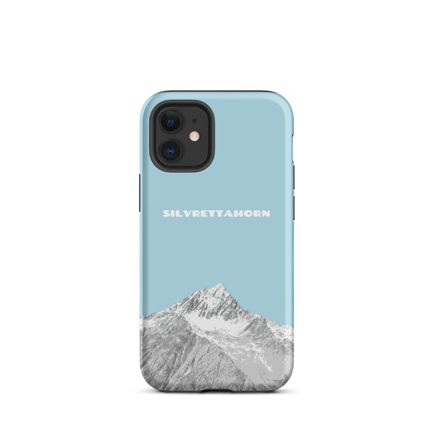 Hülle für das iPhone 12 mini von Apple in der Farbe Hellblau, dass das Silvrettahorn auf der Grenze Graubündens zu Vorarlberg zeigt.