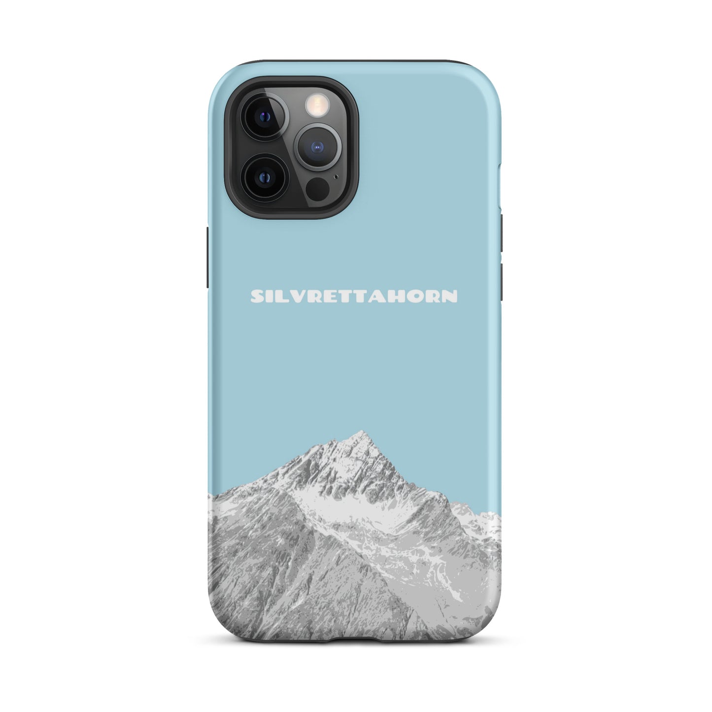 Hülle für das iPhone 12 Pro Max von Apple in der Farbe Hellblau, dass das Silvrettahorn auf der Grenze Graubündens zu Vorarlberg zeigt.