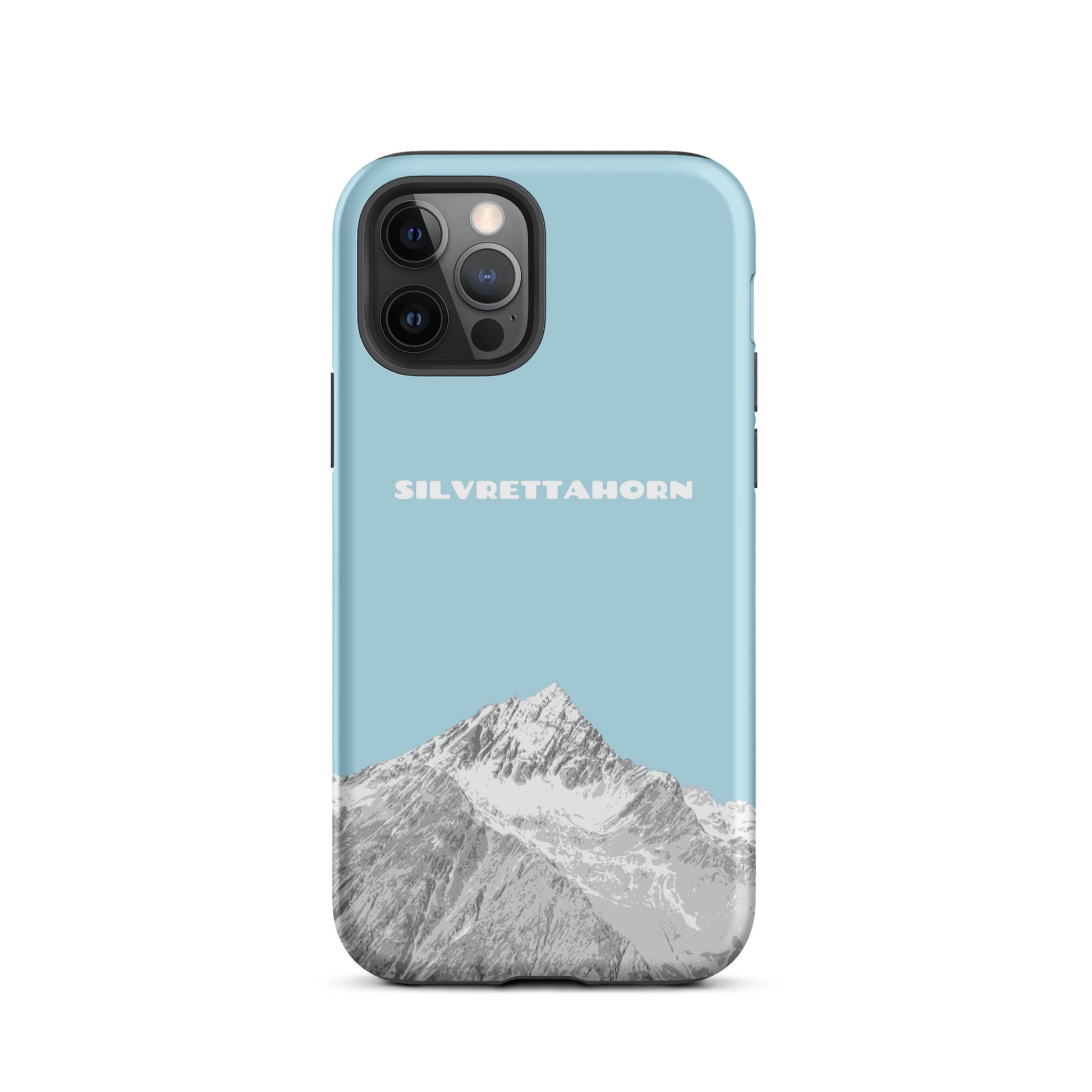 Hülle für das iPhone 12 Pro von Apple in der Farbe Hellblau, dass das Silvrettahorn auf der Grenze Graubündens zu Vorarlberg zeigt.