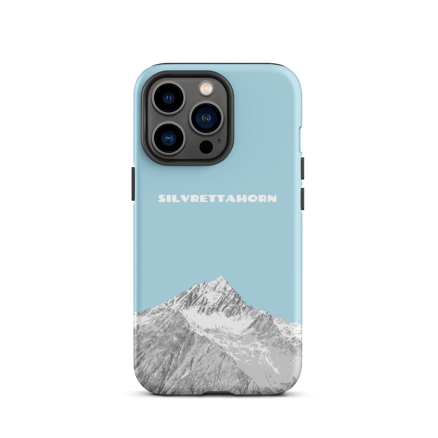 Hülle für das iPhone 13 Pro von Apple in der Farbe Hellblau, dass das Silvrettahorn auf der Grenze Graubündens zu Vorarlberg zeigt.