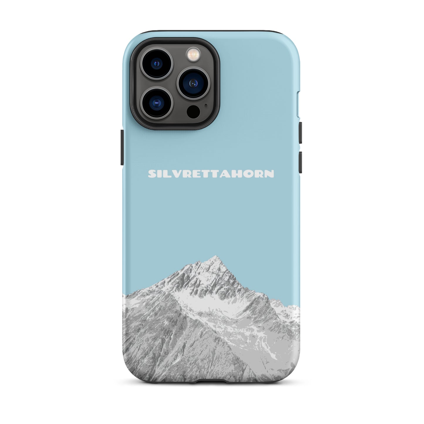 Hülle für das iPhone 13 Pro Max von Apple in der Farbe Hellblau, dass das Silvrettahorn auf der Grenze Graubündens zu Vorarlberg zeigt.