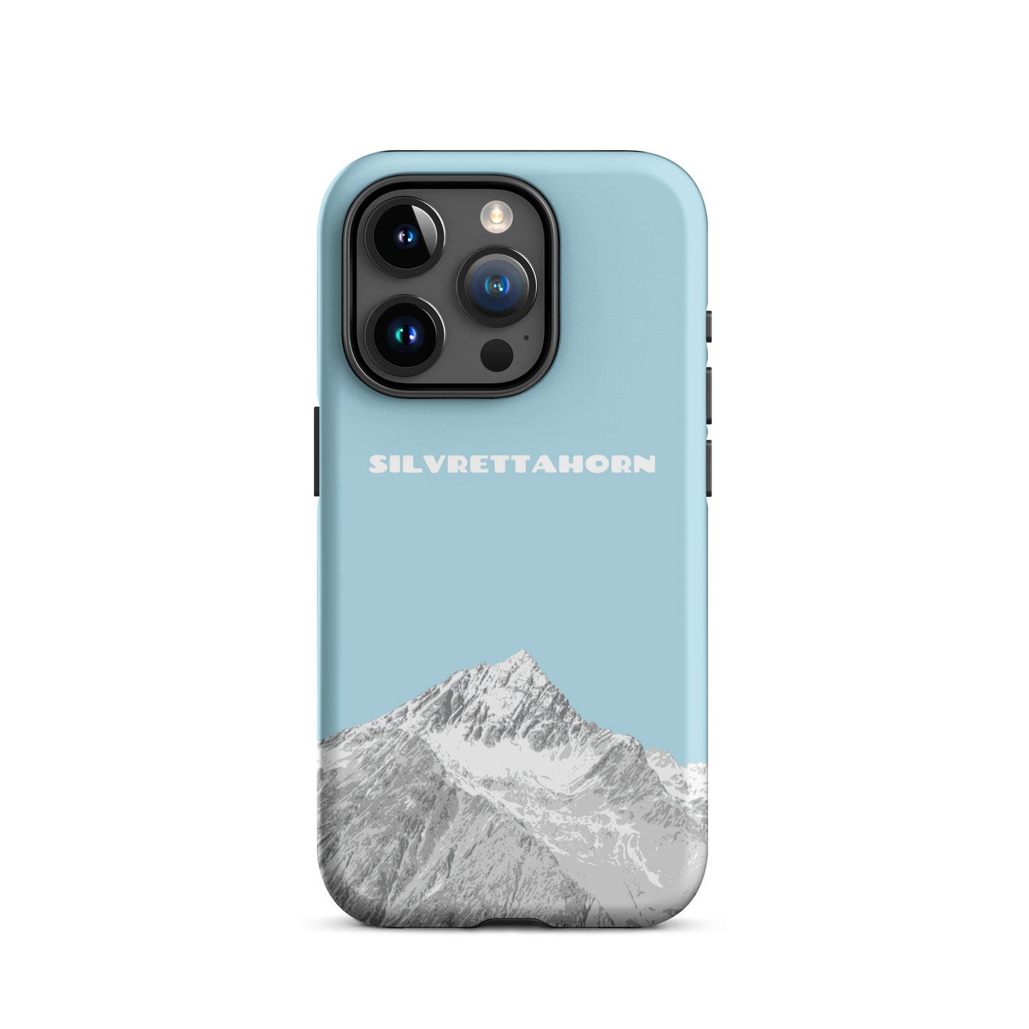 Hülle für das iPhone 15 Pro von Apple in der Farbe Hellblau, dass das Silvrettahorn auf der Grenze Graubündens zu Vorarlberg zeigt.