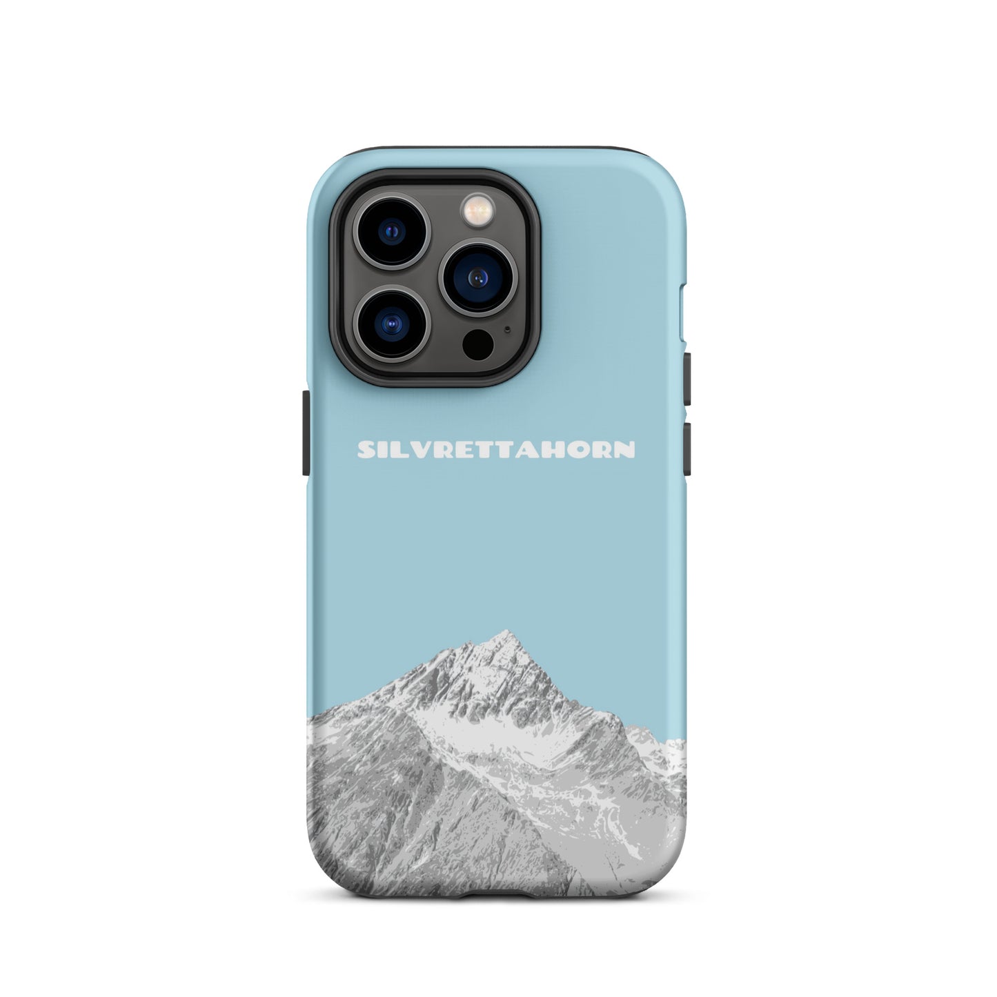 Hülle für das iPhone 14 Pro von Apple in der Farbe Hellblau, dass das Silvrettahorn auf der Grenze Graubündens zu Vorarlberg zeigt.