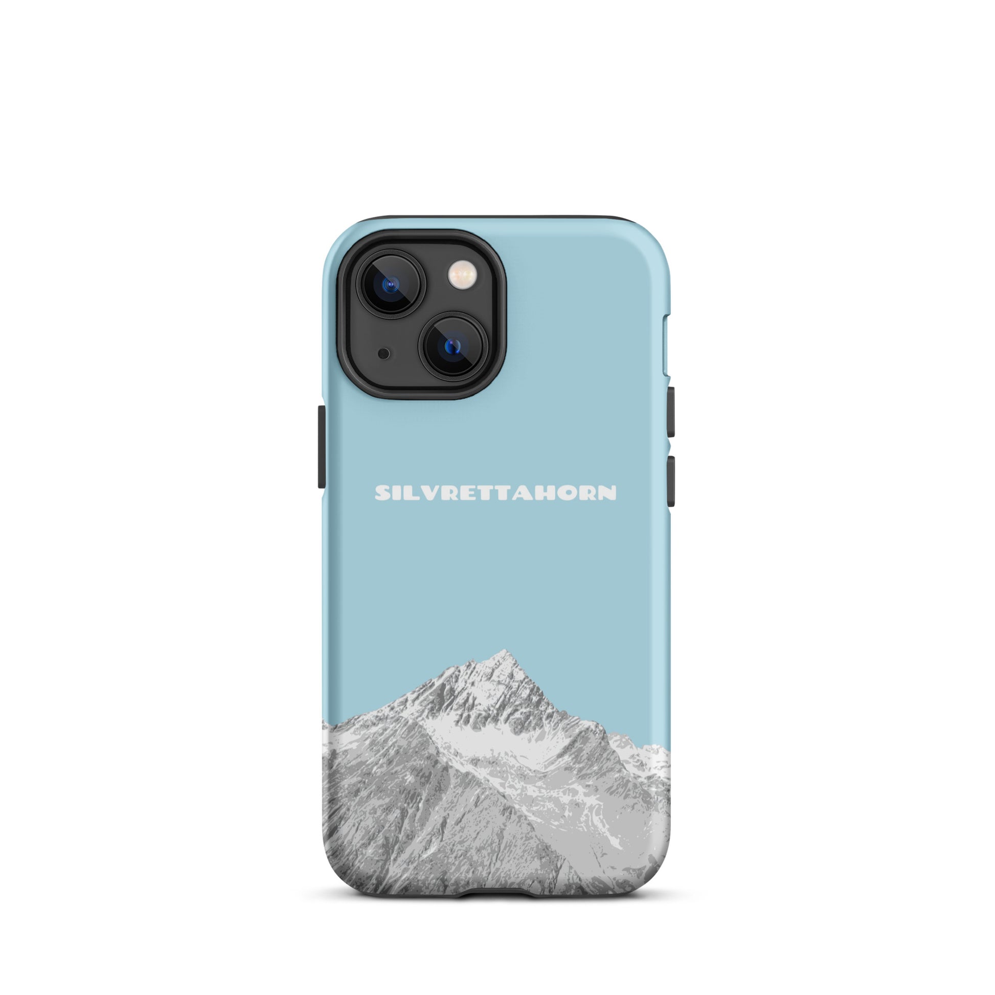 Hülle für das iPhone 13 mini von Apple in der Farbe Hellblau, dass das Silvrettahorn auf der Grenze Graubündens zu Vorarlberg zeigt.