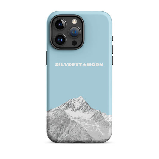 Hülle für das iPhone 15 Pro Max von Apple in der Farbe Hellblau, dass das Silvrettahorn auf der Grenze Graubündens zu Vorarlberg zeigt.