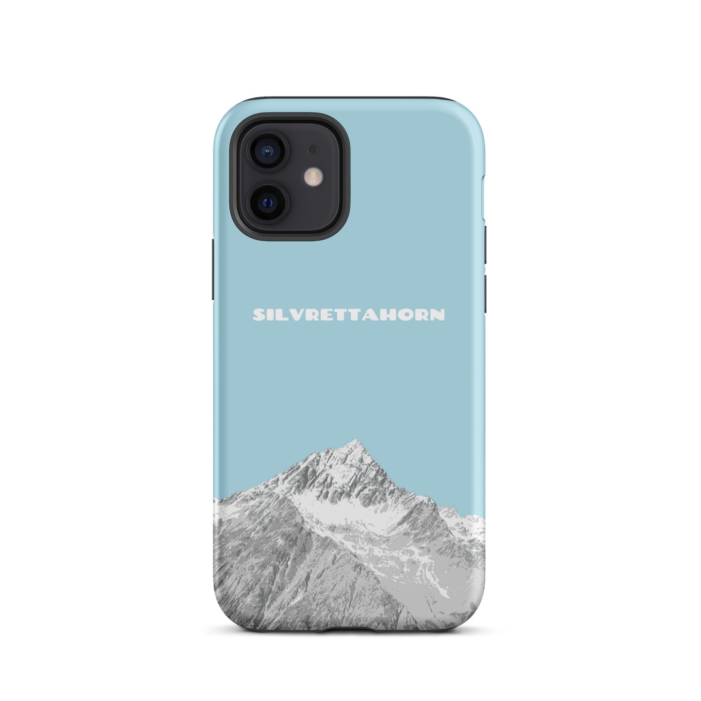 Hülle für das iPhone 12 von Apple in der Farbe Hellblau, dass das Silvrettahorn auf der Grenze Graubündens zu Vorarlberg zeigt.