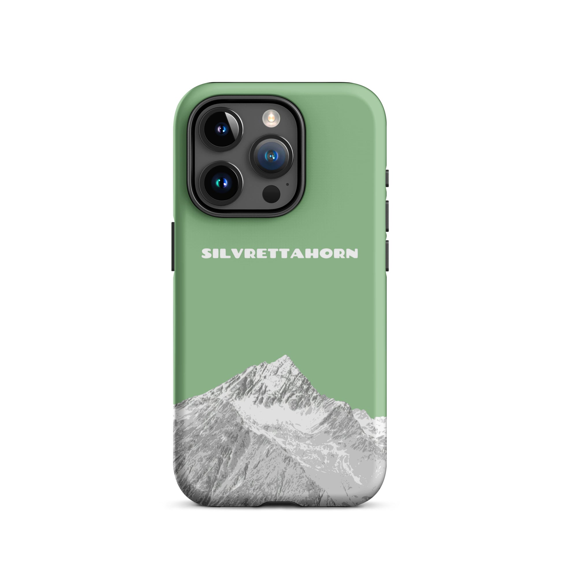 Hülle für das iPhone 15 Pro von Apple in der Farbe Hellgrün, dass das Silvrettahorn auf der Grenze Graubündens zu Vorarlberg zeigt.