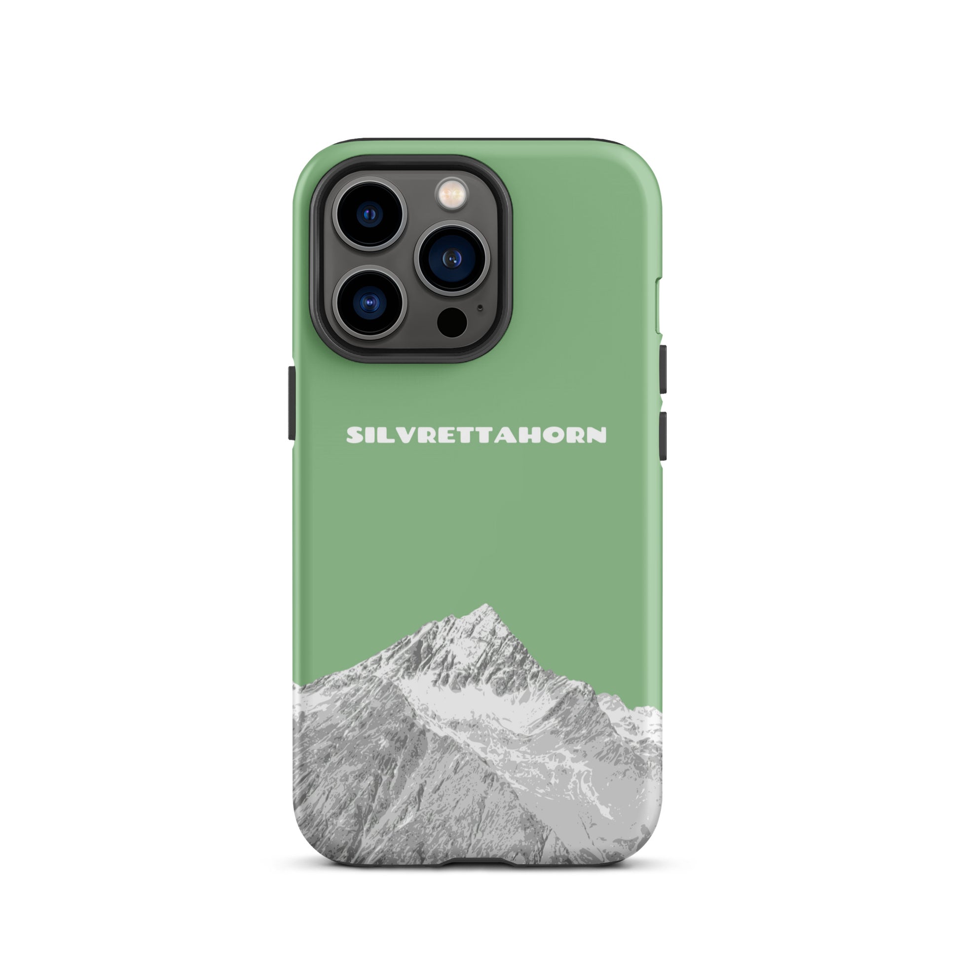 Hülle für das iPhone 13 Pro von Apple in der Farbe Hellgrün, dass das Silvrettahorn auf der Grenze Graubündens zu Vorarlberg zeigt.