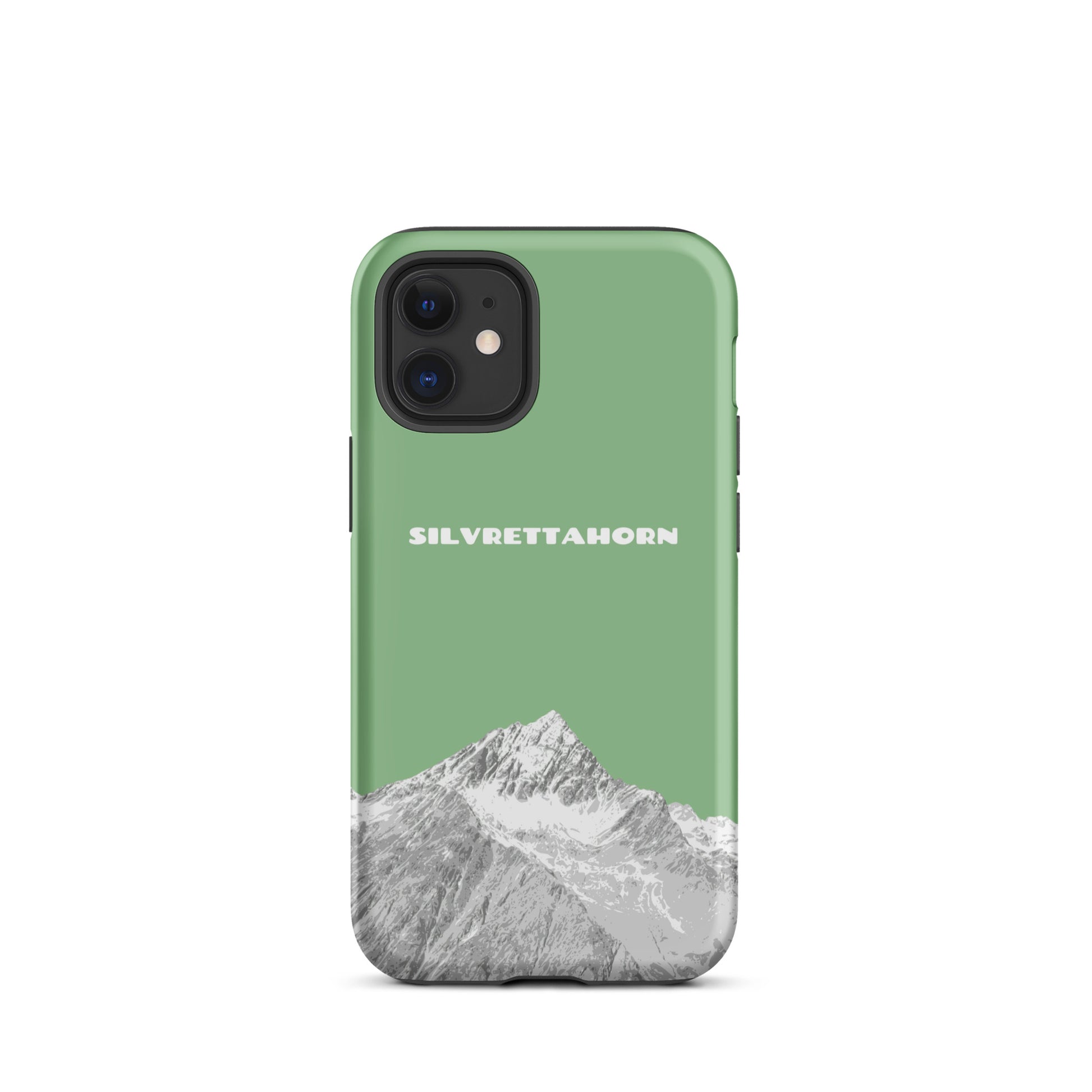 Hülle für das iPhone 12 mini von Apple in der Farbe Hellgrün, dass das Silvrettahorn auf der Grenze Graubündens zu Vorarlberg zeigt.