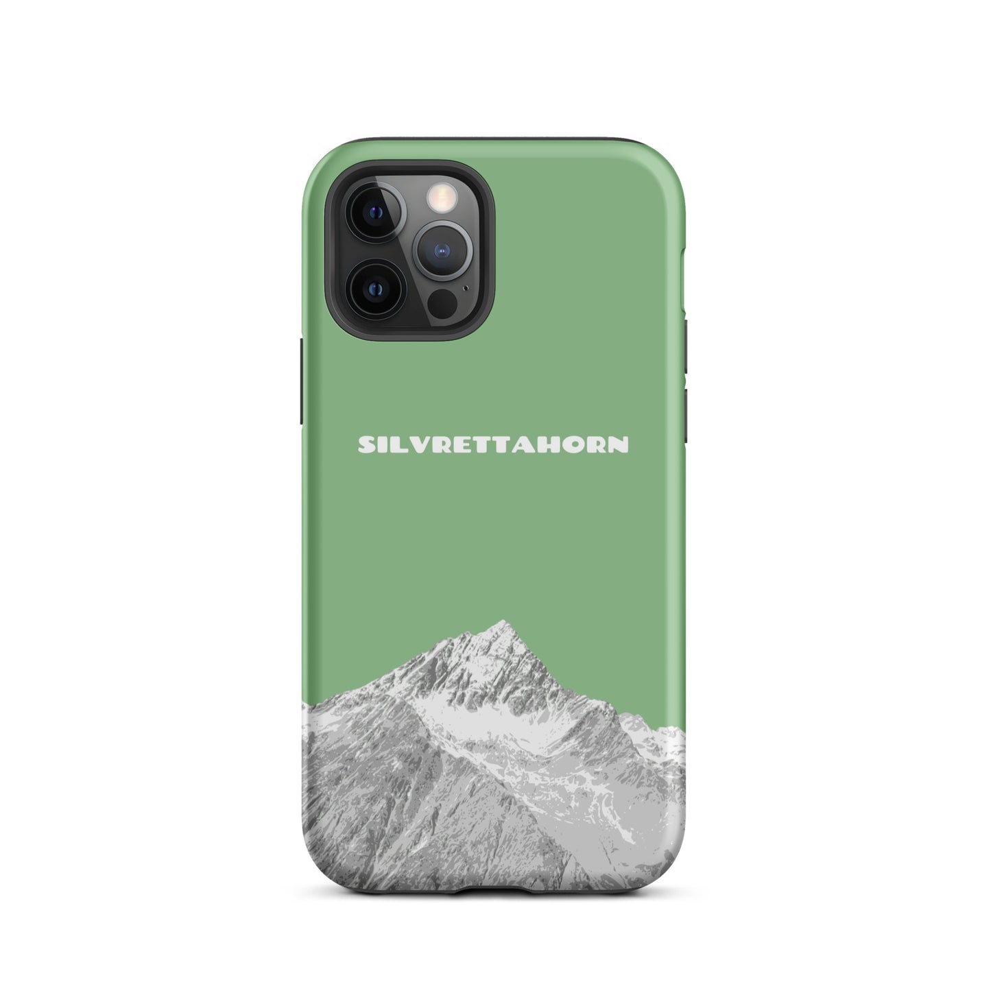 Hülle für das iPhone 12 Pro von Apple in der Farbe Hellgrün, dass das Silvrettahorn auf der Grenze Graubündens zu Vorarlberg zeigt.