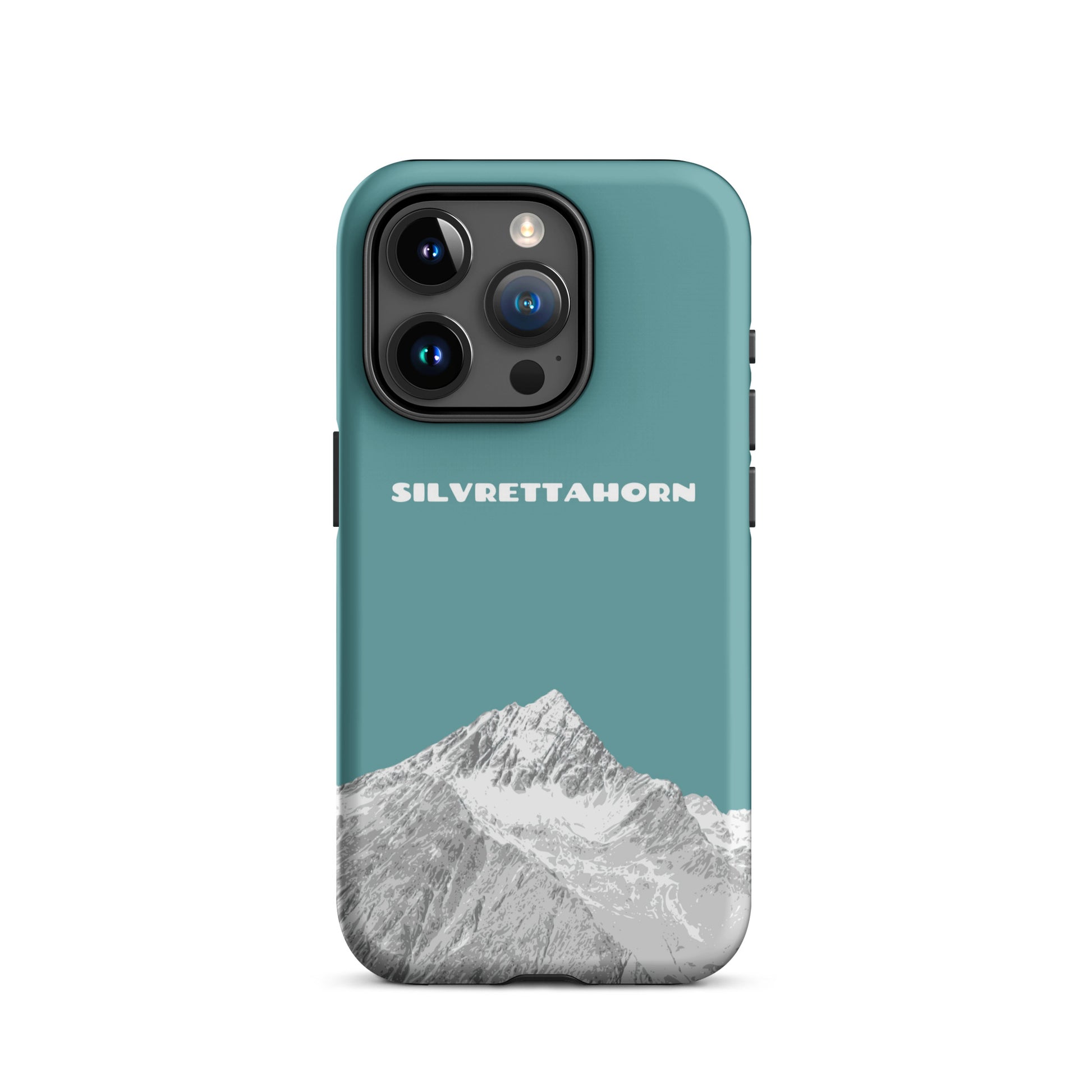 Hülle für das iPhone 15 Pro von Apple in der Farbe Goldgelb, dass das Silvrettahorn auf der Grenze Graubündens zu Vorarlberg zeigt.