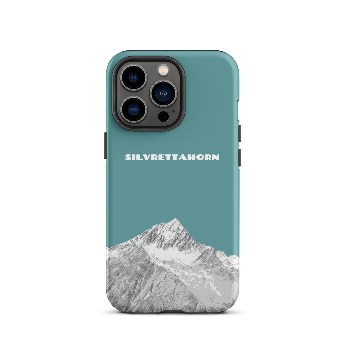 Hülle für das iPhone 13 Pro von Apple in der Farbe Goldgelb, dass das Silvrettahorn auf der Grenze Graubündens zu Vorarlberg zeigt.