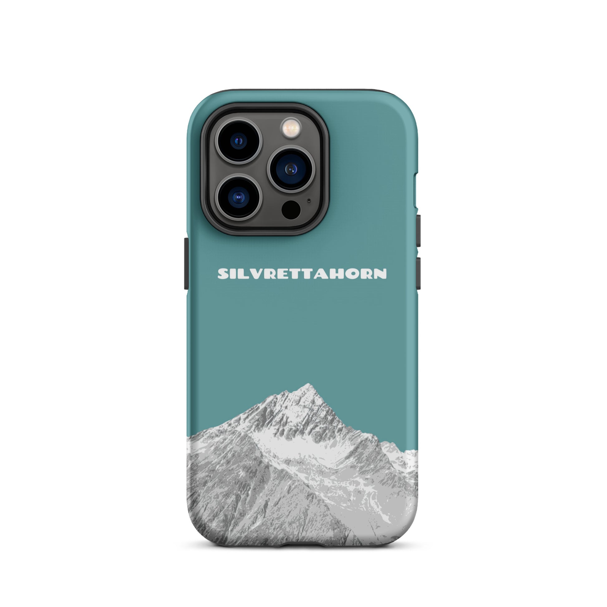 Hülle für das iPhone 14 Pro von Apple in der Farbe Goldgelb, dass das Silvrettahorn auf der Grenze Graubündens zu Vorarlberg zeigt.