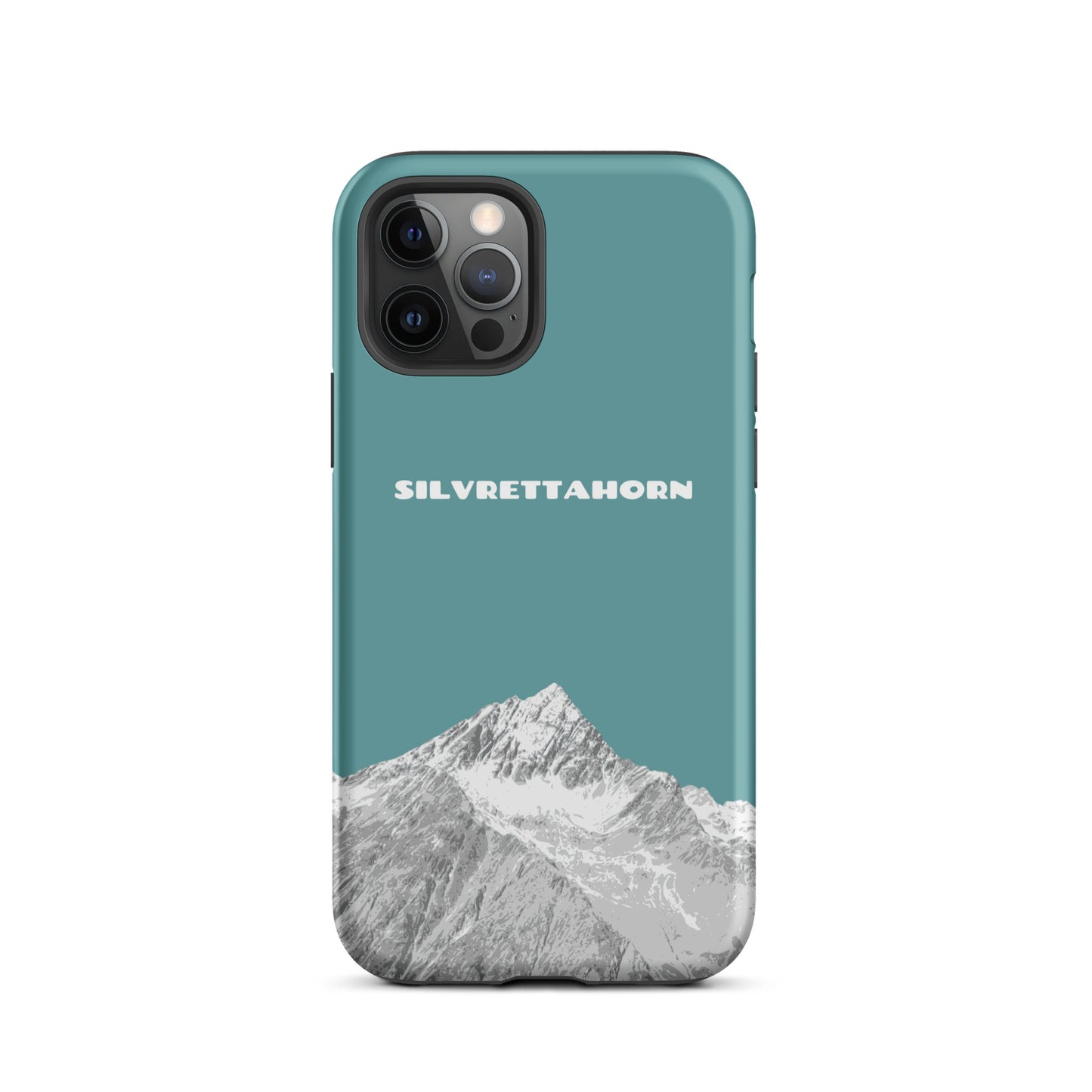 Hülle für das iPhone 12 Pro von Apple in der Farbe Goldgelb, dass das Silvrettahorn auf der Grenze Graubündens zu Vorarlberg zeigt.