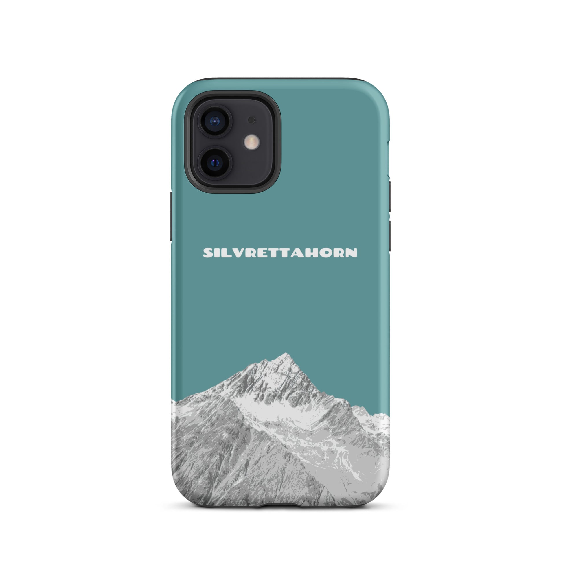 Hülle für das iPhone 12 von Apple in der Farbe Goldgelb, dass das Silvrettahorn auf der Grenze Graubündens zu Vorarlberg zeigt.