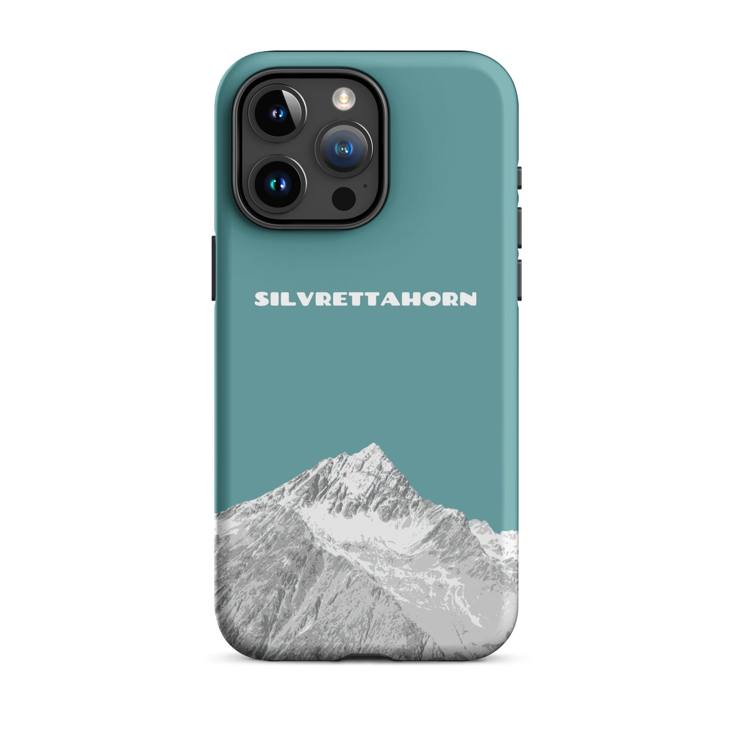 Hülle für das iPhone 15 Pro Max von Apple in der Farbe Goldgelb, dass das Silvrettahorn auf der Grenze Graubündens zu Vorarlberg zeigt.