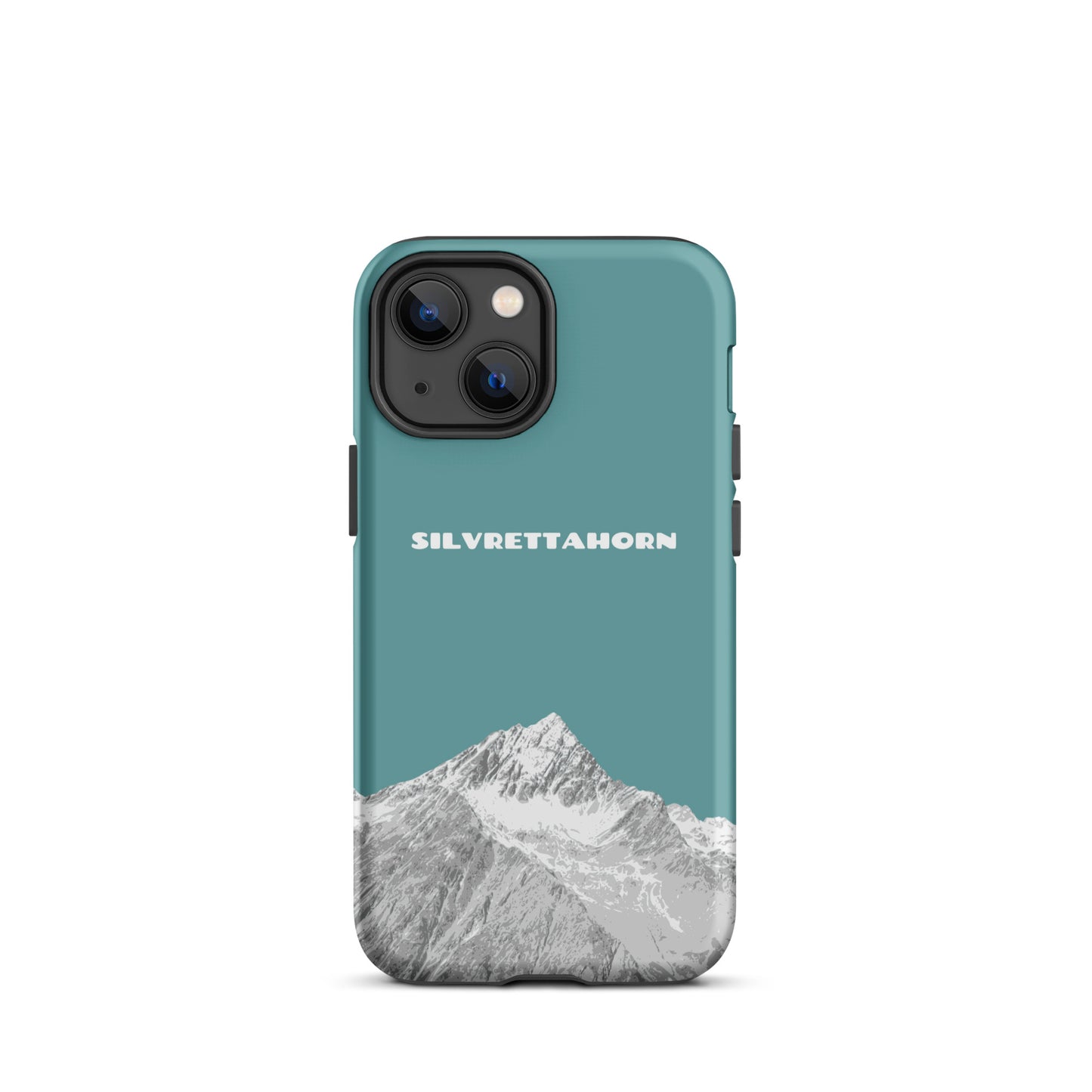 Hülle für das iPhone 13 mini von Apple in der Farbe Goldgelb, dass das Silvrettahorn auf der Grenze Graubündens zu Vorarlberg zeigt.